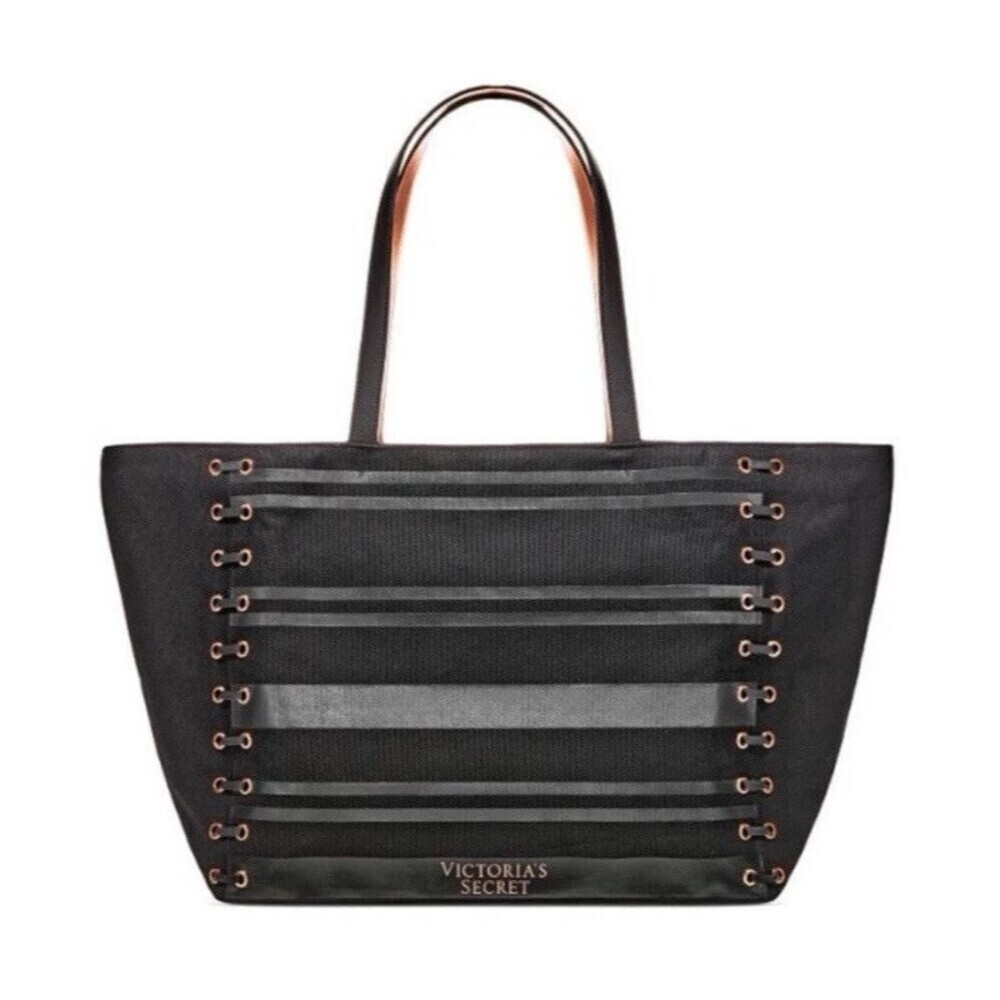 Victoria's Secret Black Noir Corset Lace Up Large Weekender Zipper Tote NWT